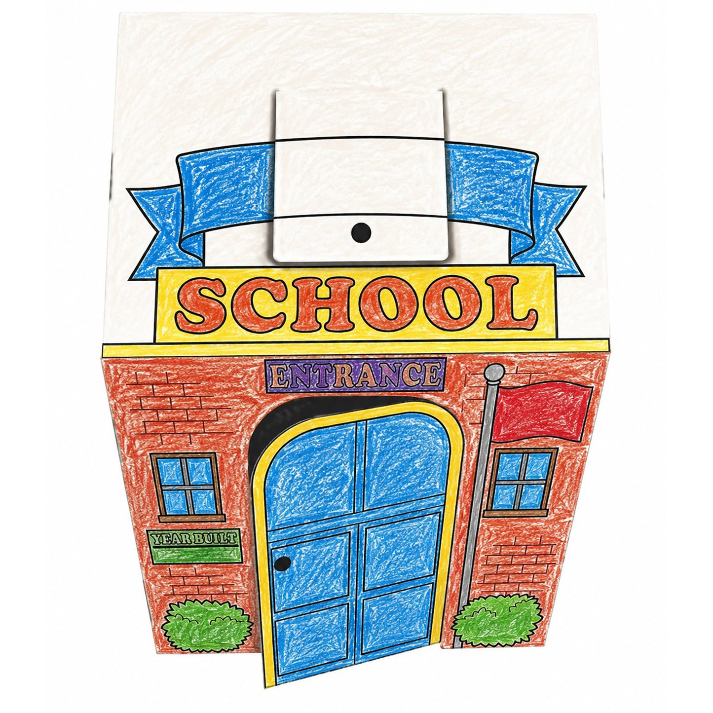 Easy Playhouse School cardboard fort with red brick design, blue doors and windows, yellow school sign