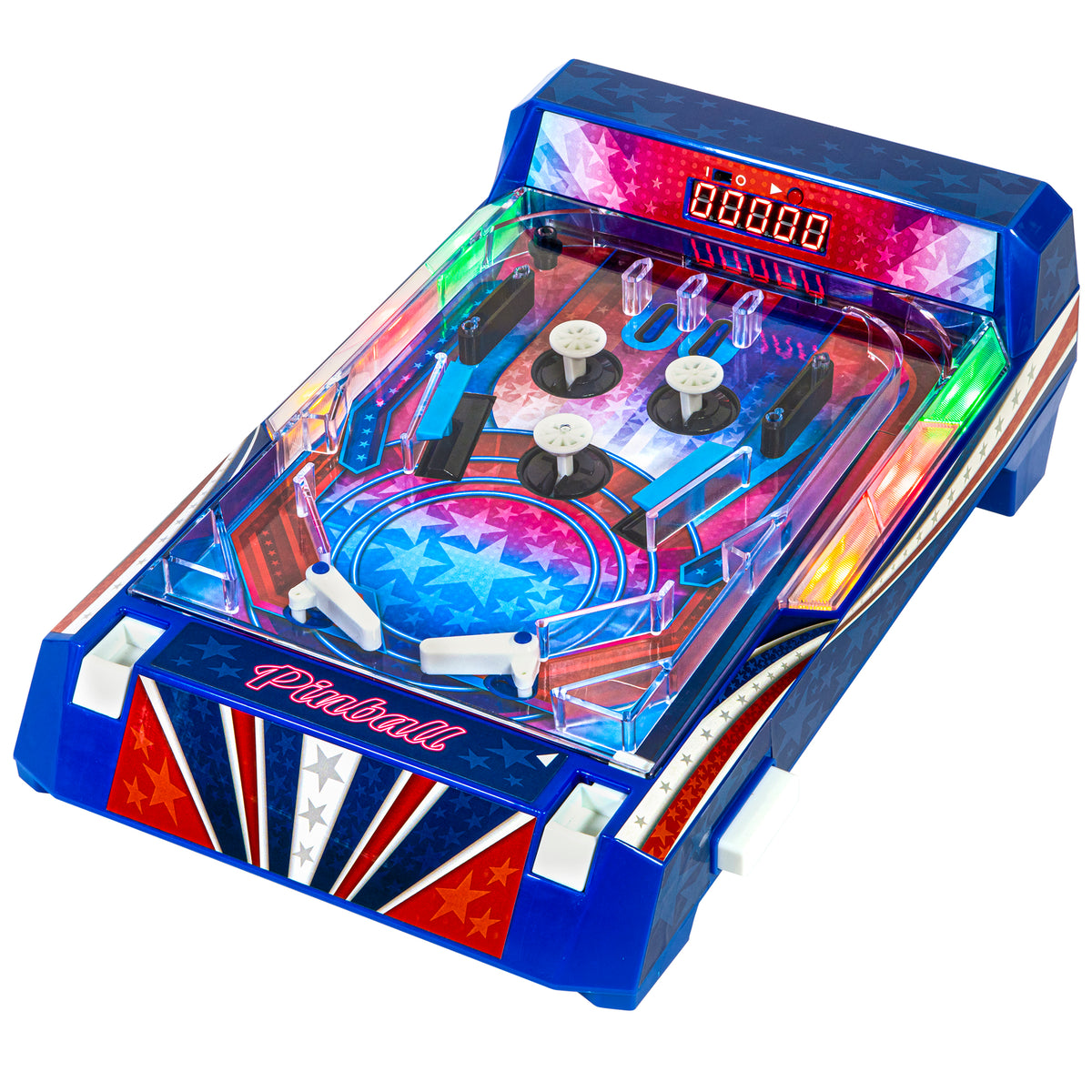 Retro Arcade Electronic Pinball machine with blue case, colorful LED display, and star design