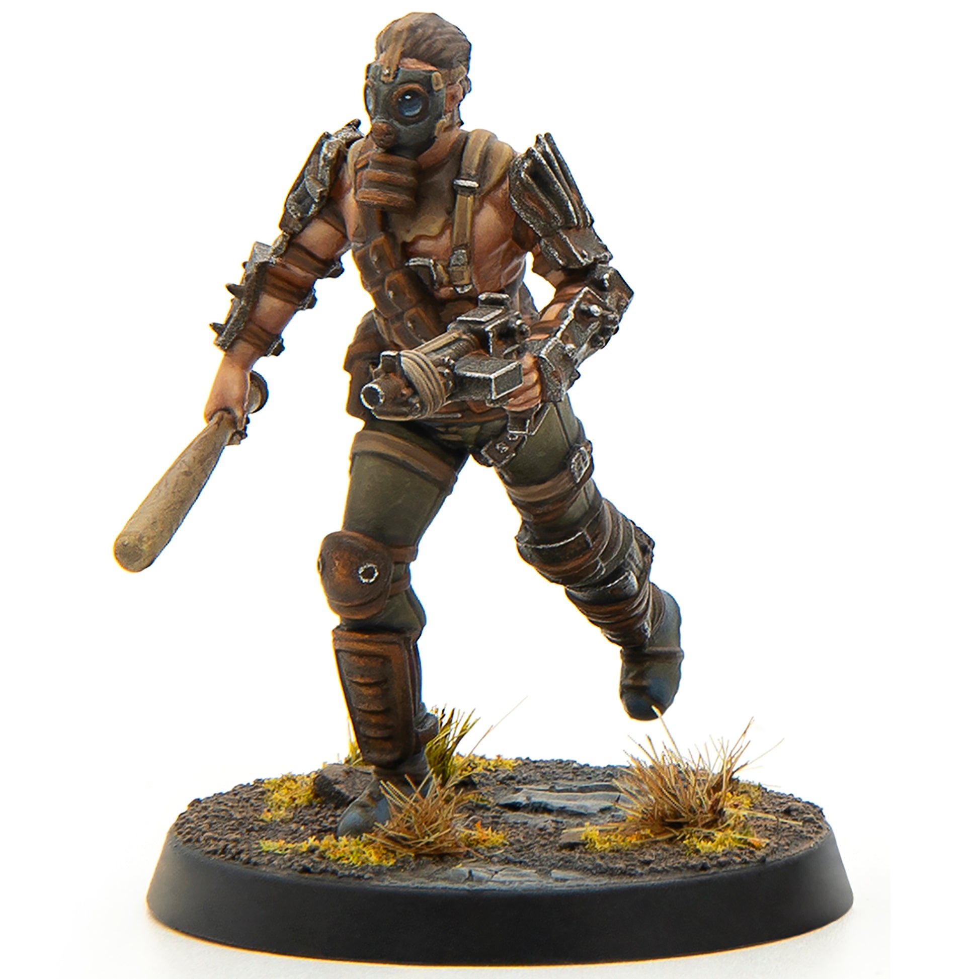 Fallout Miniatures Wasteland Raiders Core Box plastic figure with brown armor and gas mask