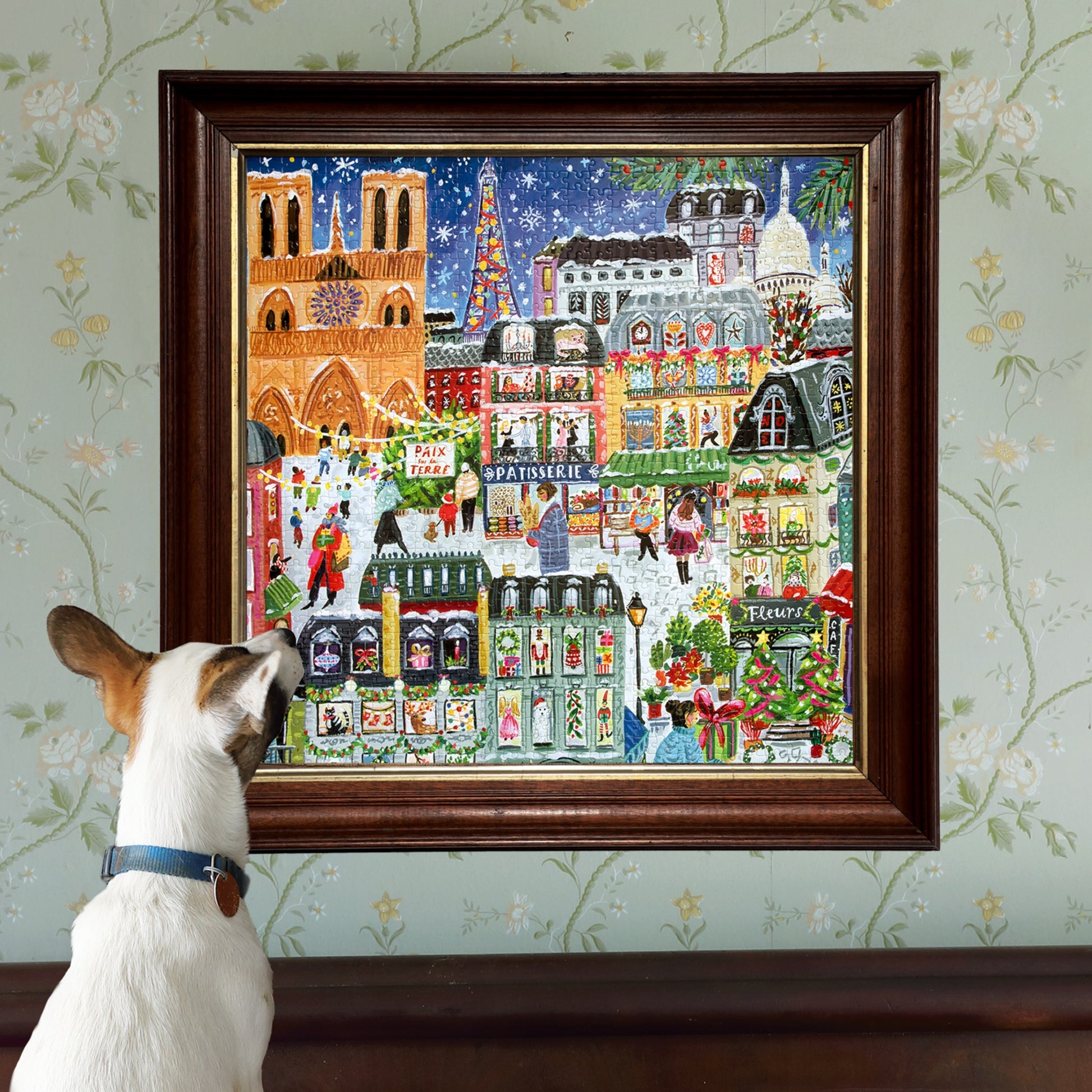 eeBoo Paris Christmas 1000 piece jigsaw puzzle featuring colorful illustrated Parisian landmarks and holiday scenes
