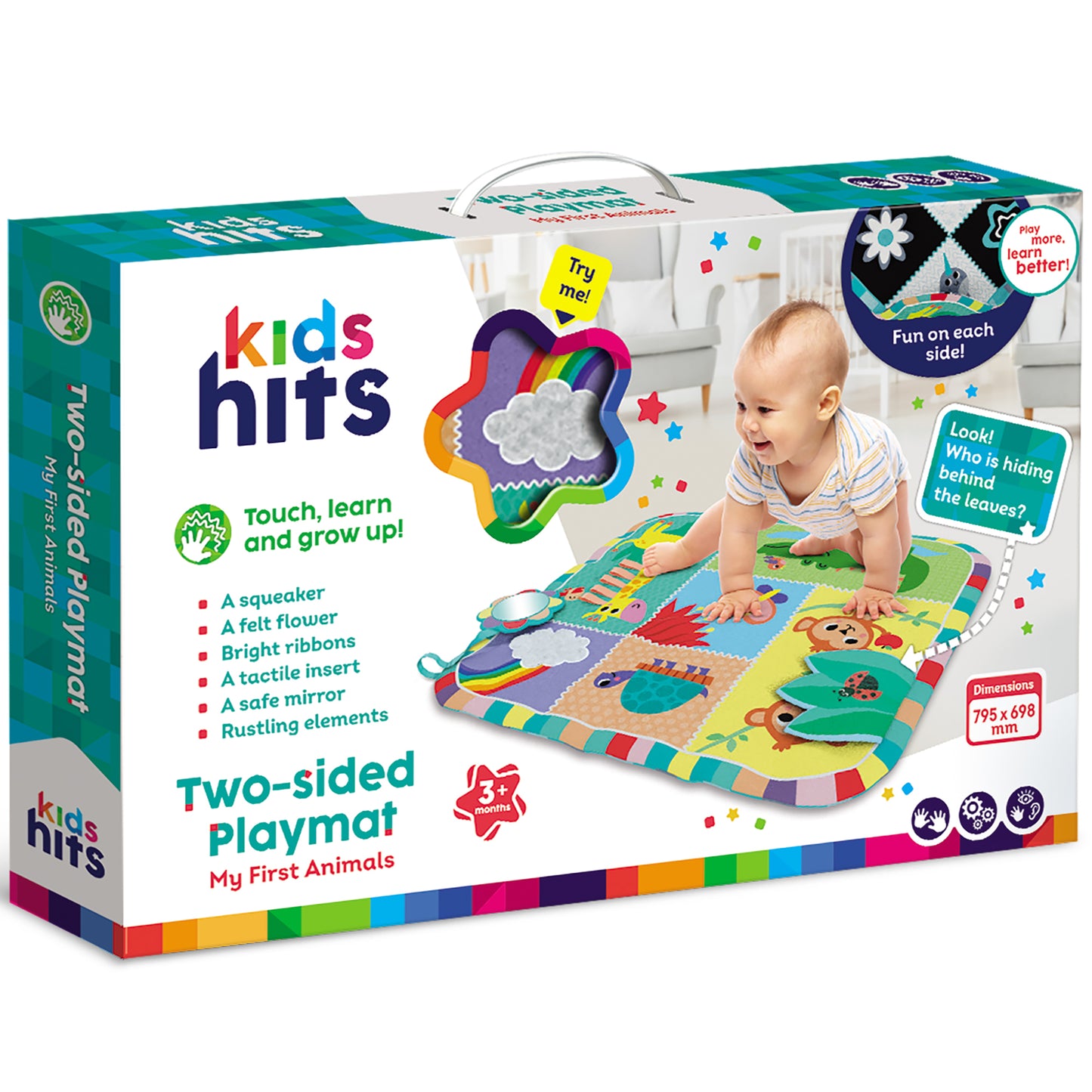 Kids Hits two-sided playmat with colorful animals, mirror, squeaker and ribbons for babies 3 months+
