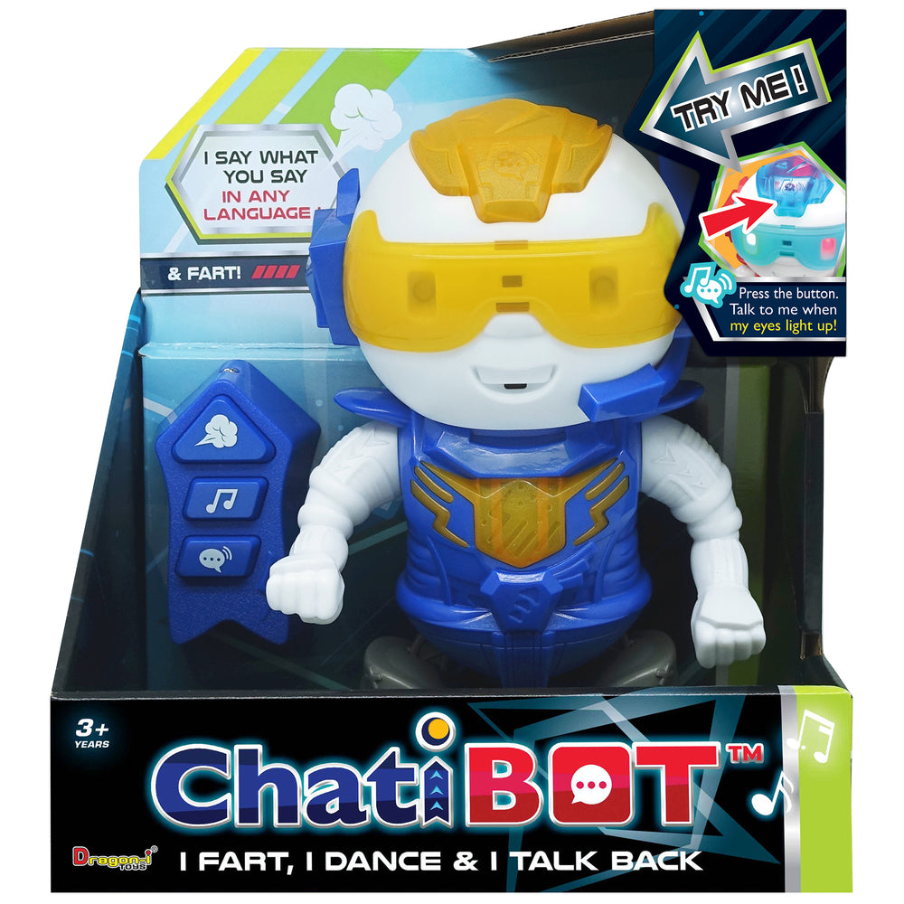 ChatiBot Blue interactive robot toy with yellow visor, includes remote control