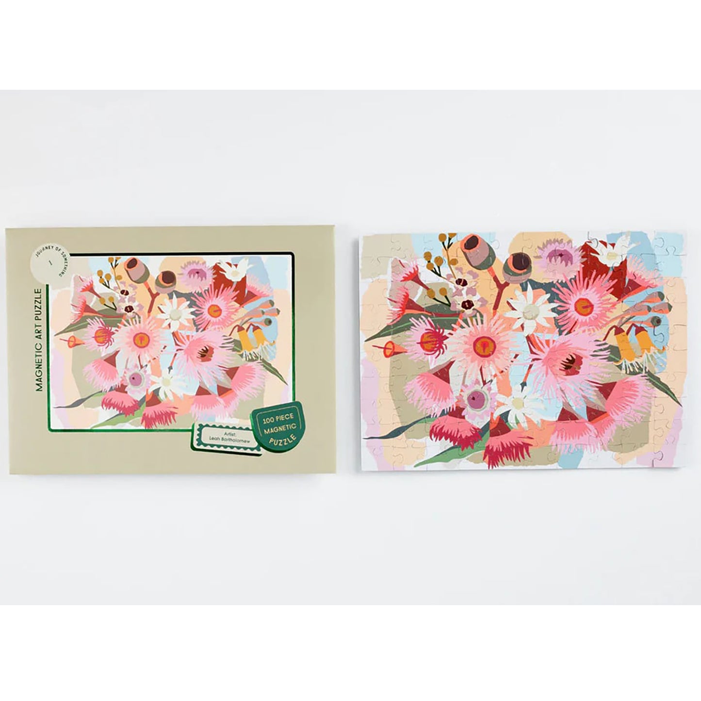JOS Magnetic Puzzle - Flowering Gum 100-piece puzzle with colorful floral design in pink, red, and blue tones