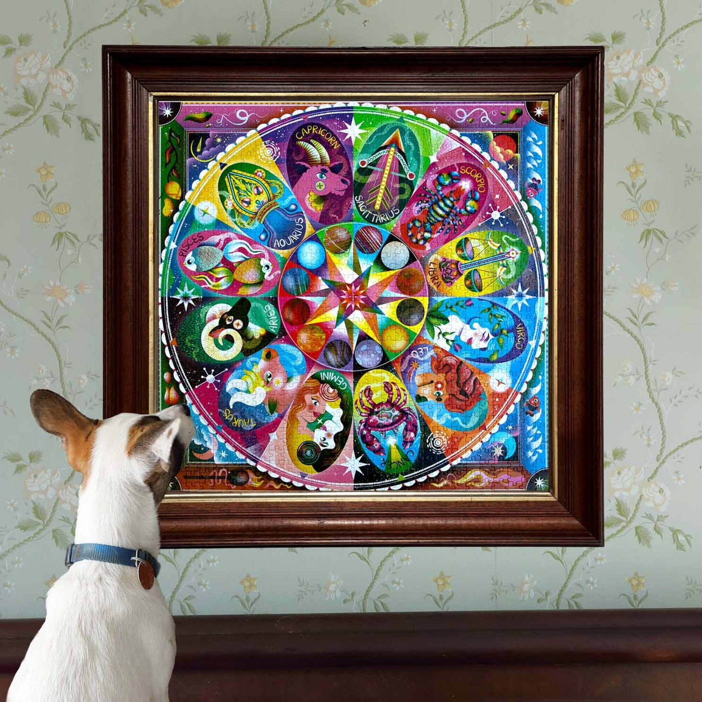 Piece&Love Horoscopes 1000 pc Puzzle with colorful zodiac wheel design and dog gazing at framed puzzle art
