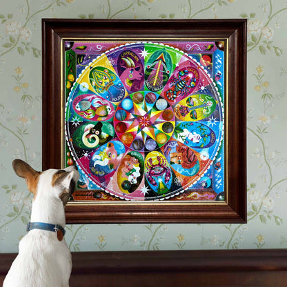 Piece&Love Horoscopes 1000 pc Puzzle with colorful zodiac wheel design and dog gazing at framed puzzle art