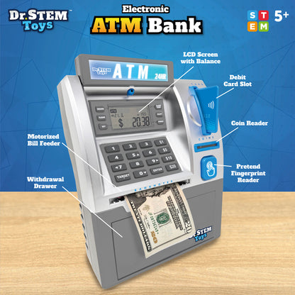 Dr. STEM Deluxe ATM Savings Bank - Real Money Management with Digital LCD, Coin Counting, Bill Feeder, PIN Security, STEM Learning for Ages 5+