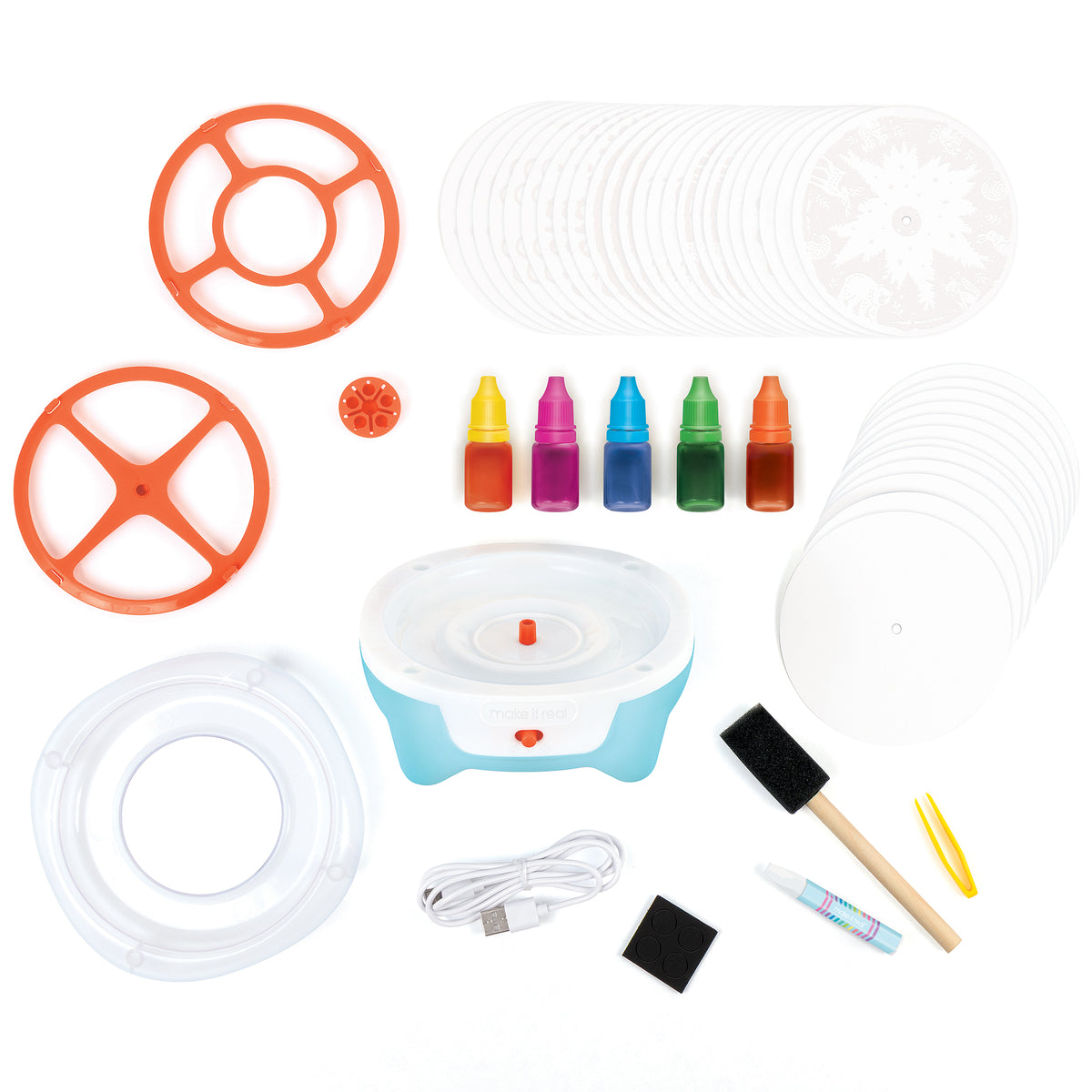 Make It Real Spin Art Studio with orange frames, colored inks, and craft supplies