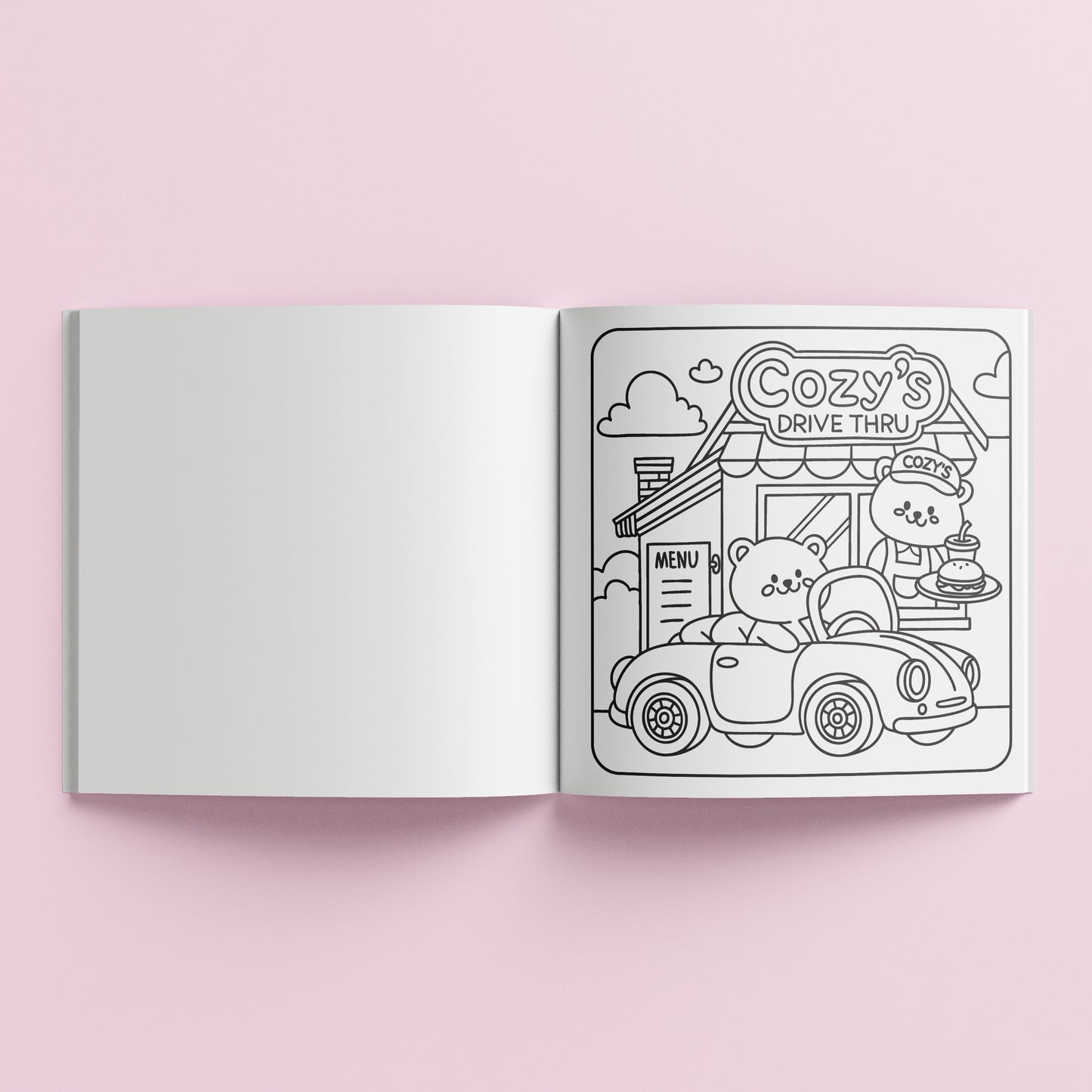 Art Maker Cozy Coloring Book Around Town open to drive-thru scene coloring page