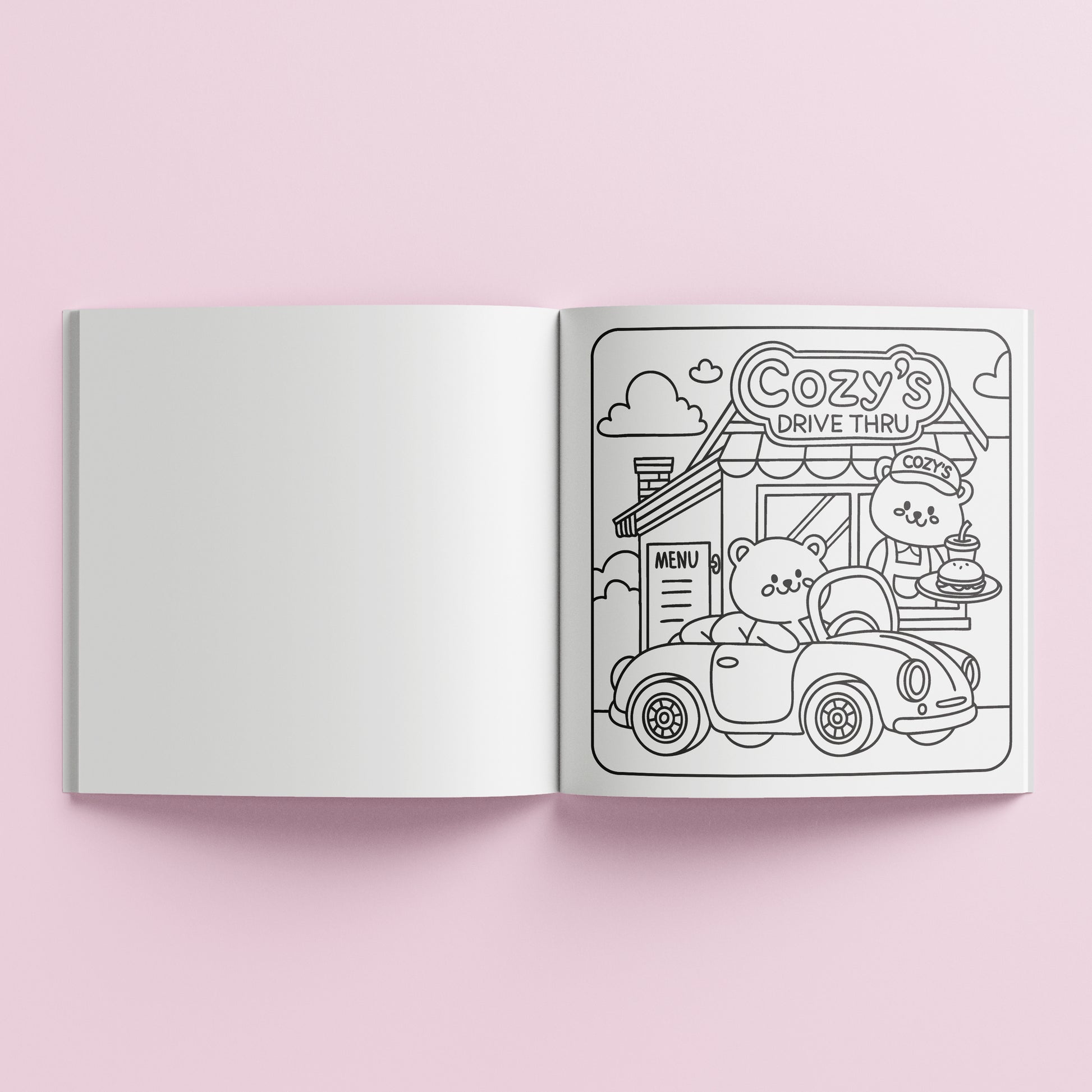 Art Maker Cozy Coloring Book Around Town open to drive-thru scene coloring page