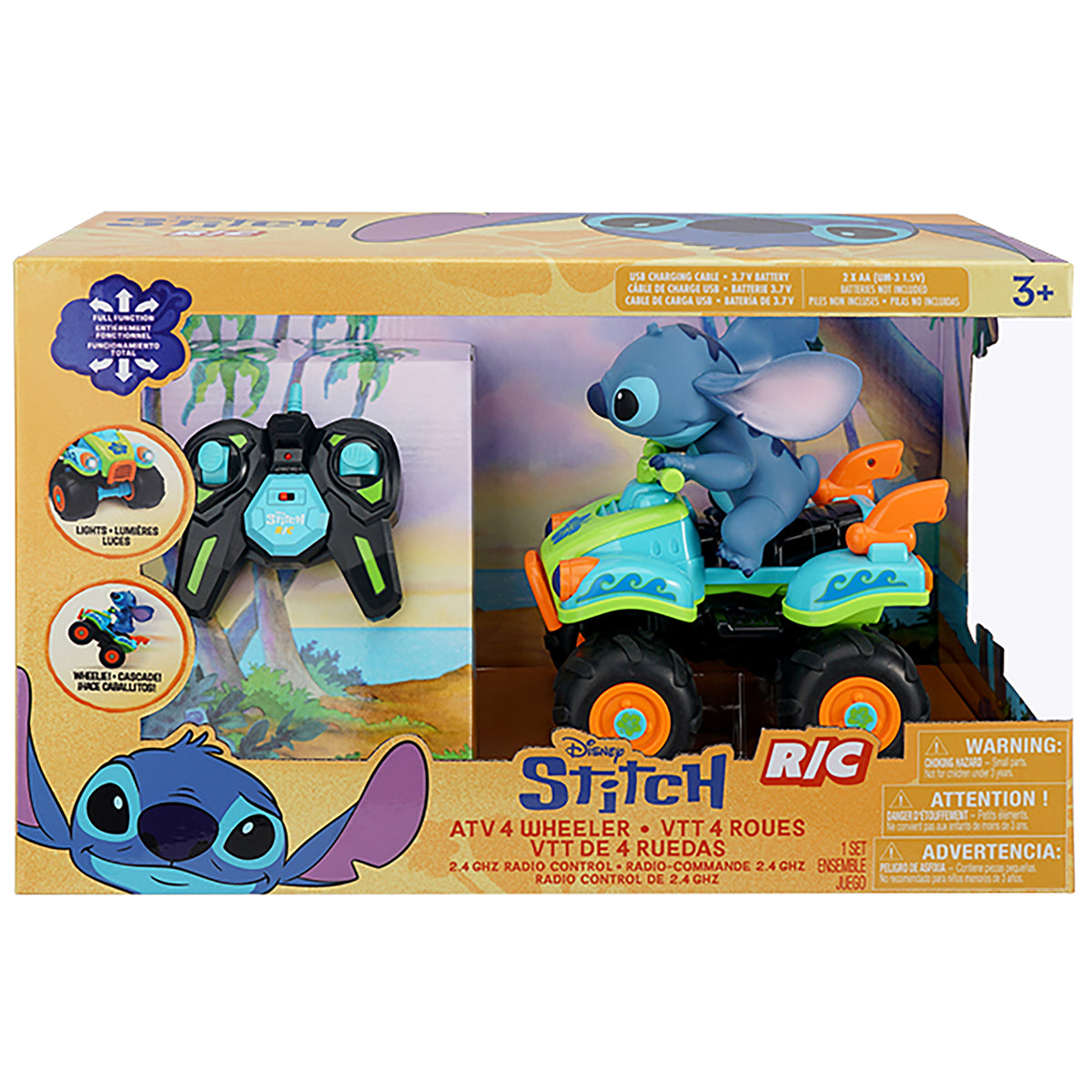Disney Stitch R/C ATV 4 Wheeler toy vehicle with blue character figure, orange and green accents, and black remote co...