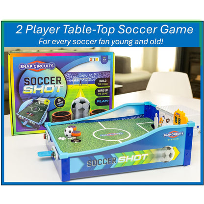 Snap Circuits Soccer Shot 2-player tabletop game with blue field, soccer ball, and electronic components
