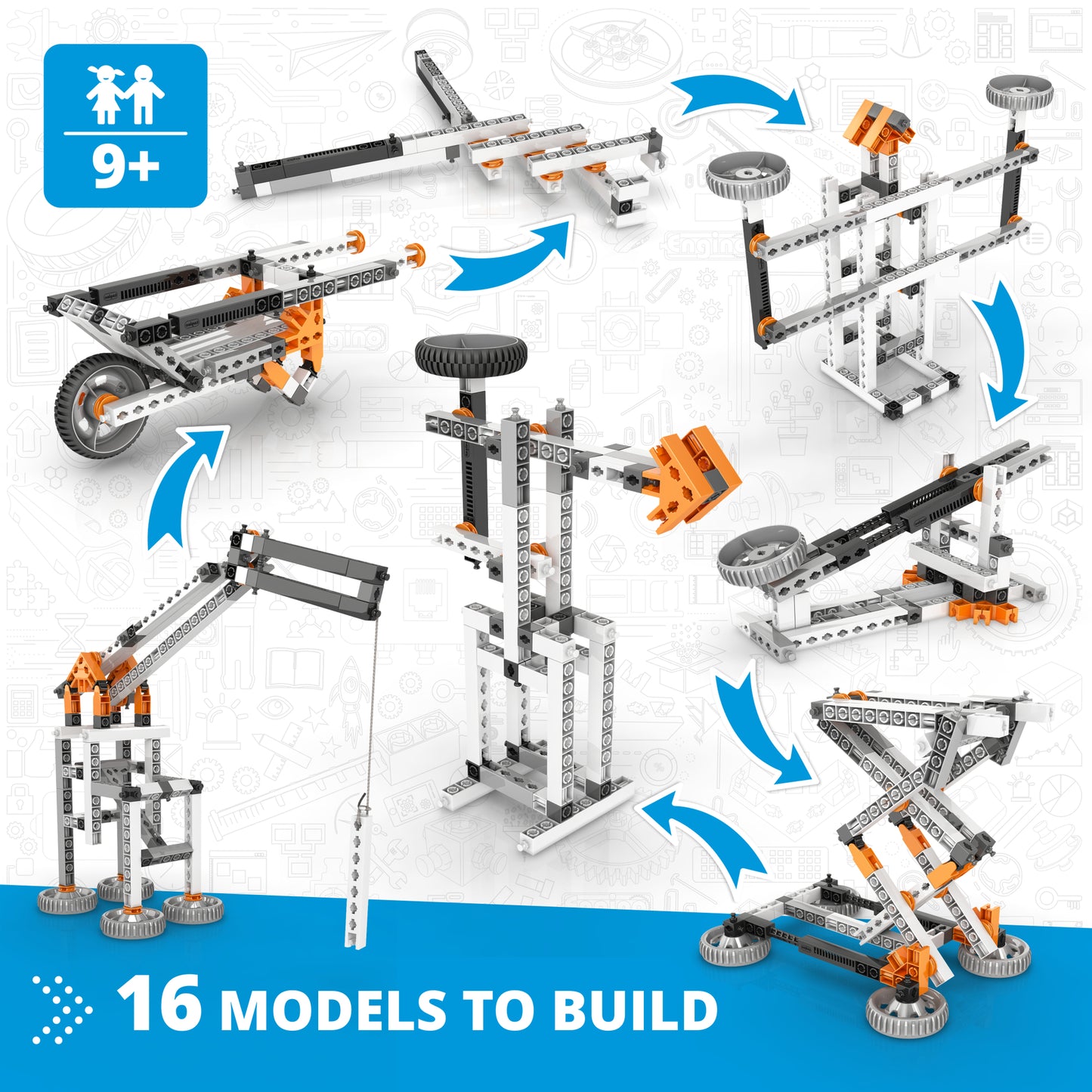 Engino Mechanics Levers & Linkages 16-model building set with orange and gray snap-fit bricks for kids 9+