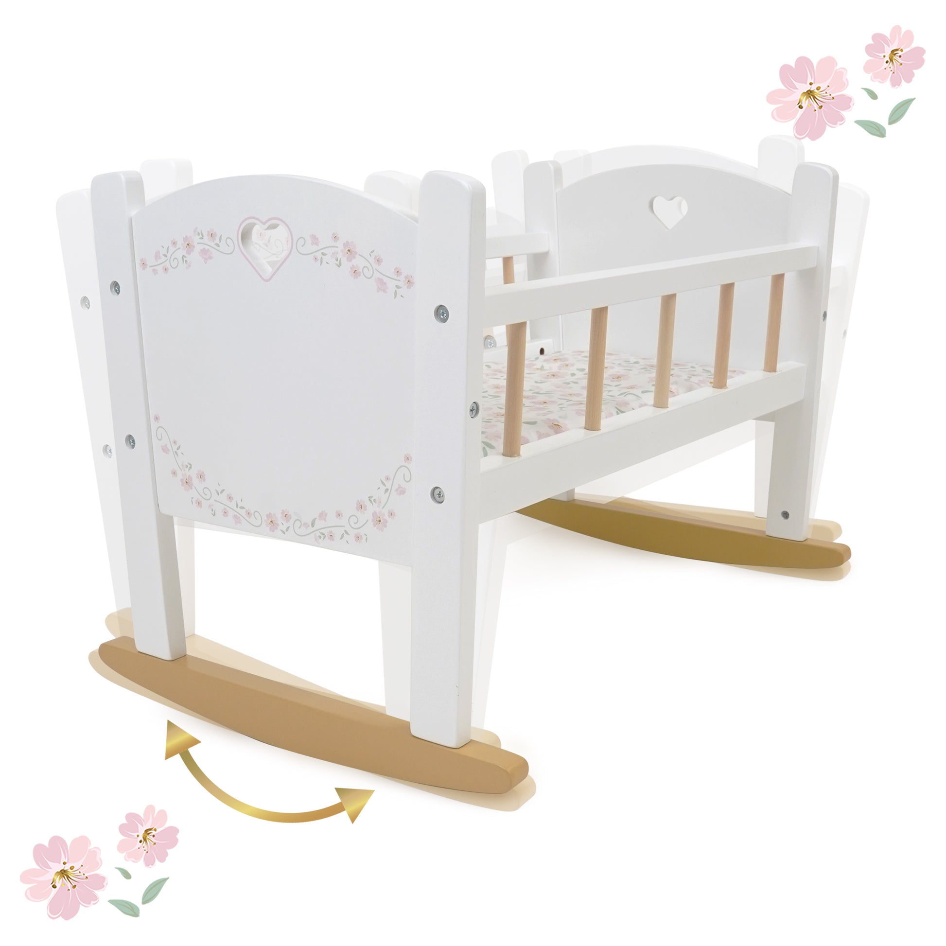 Little Flora Wooden Doll Cradle in white with pink floral design and natural wood rockers