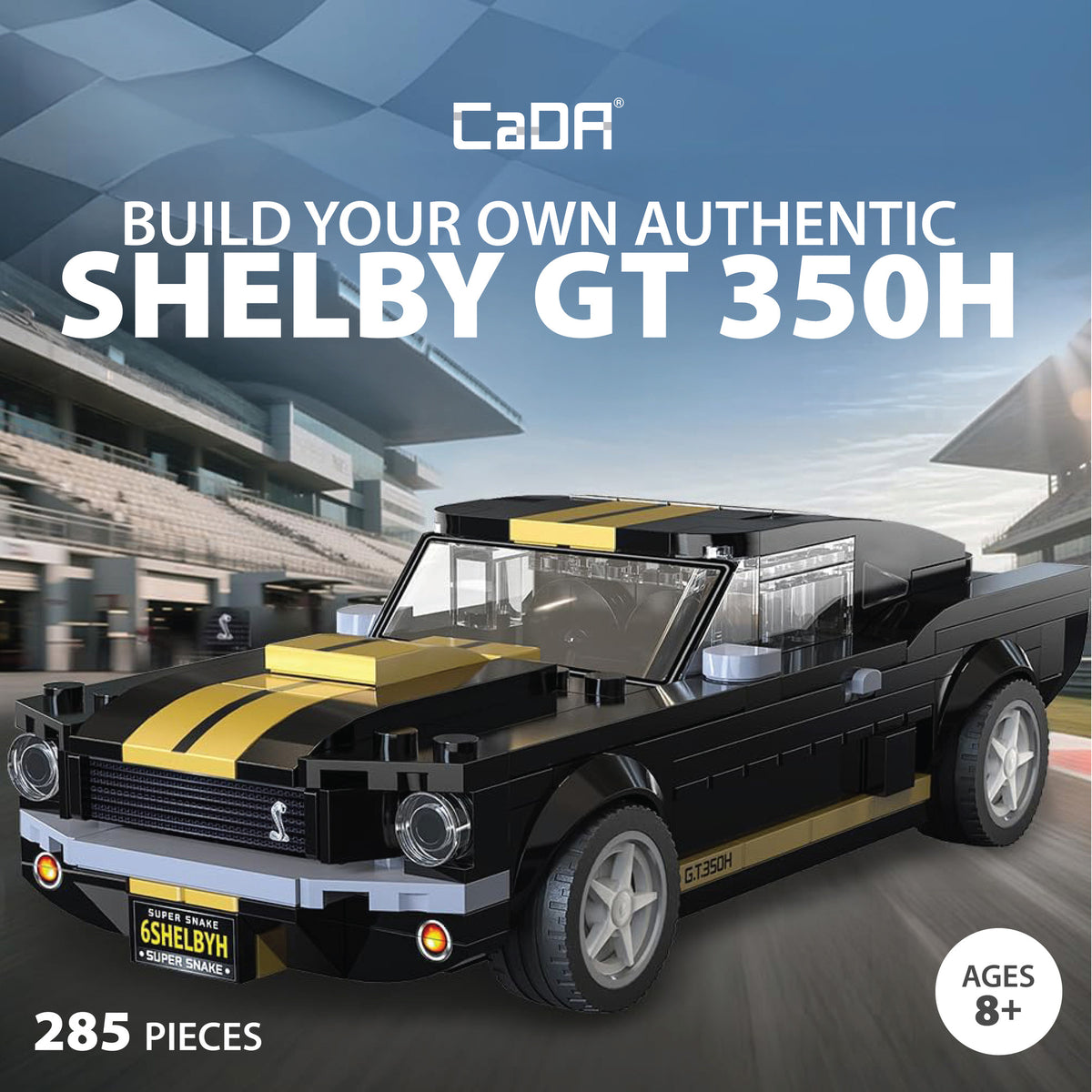 CaDA Shelby GT 350H building set with black and yellow racing stripes, 285 pieces