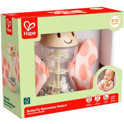 Hape Butterfly Rainmaker Robert wooden baby toy with pink polka dot wings, 0-12 months