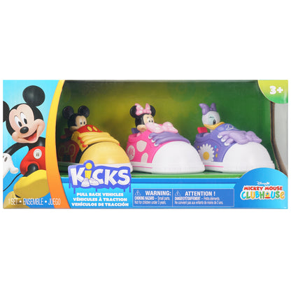 Disney Jr. Kicks Pull-Back Vehicles 3-pack with Mickey, Minnie, and Daisy shoe-shaped toy cars