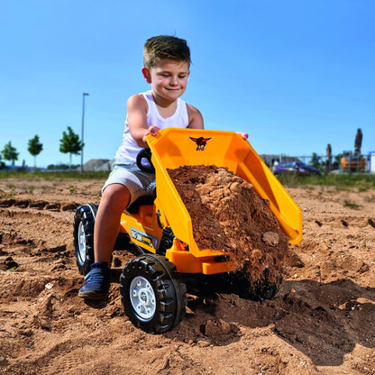 BIG Jim Dumper yellow ride-on tractor with boy operating dump bed