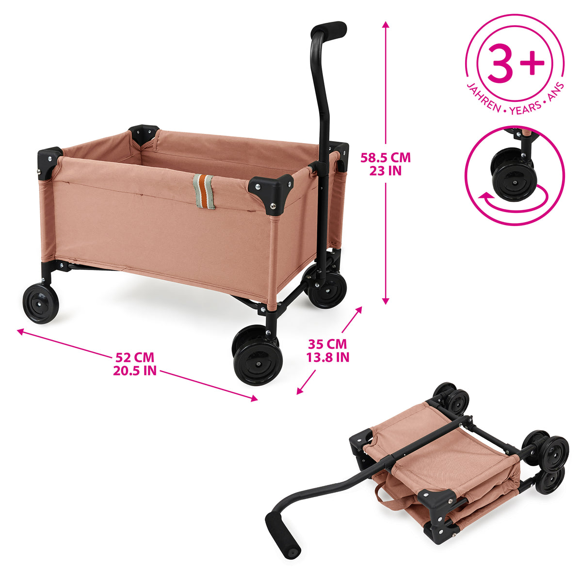 509 Crew Little Wagon in pink, folding pull-along cart for kids 3+, shown expanded and collapsed