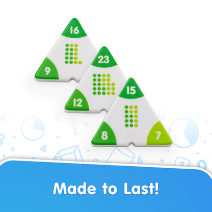 Triangles: Addition learning toy with green and white pyramid pieces numbered 7-23 showing dot patterns