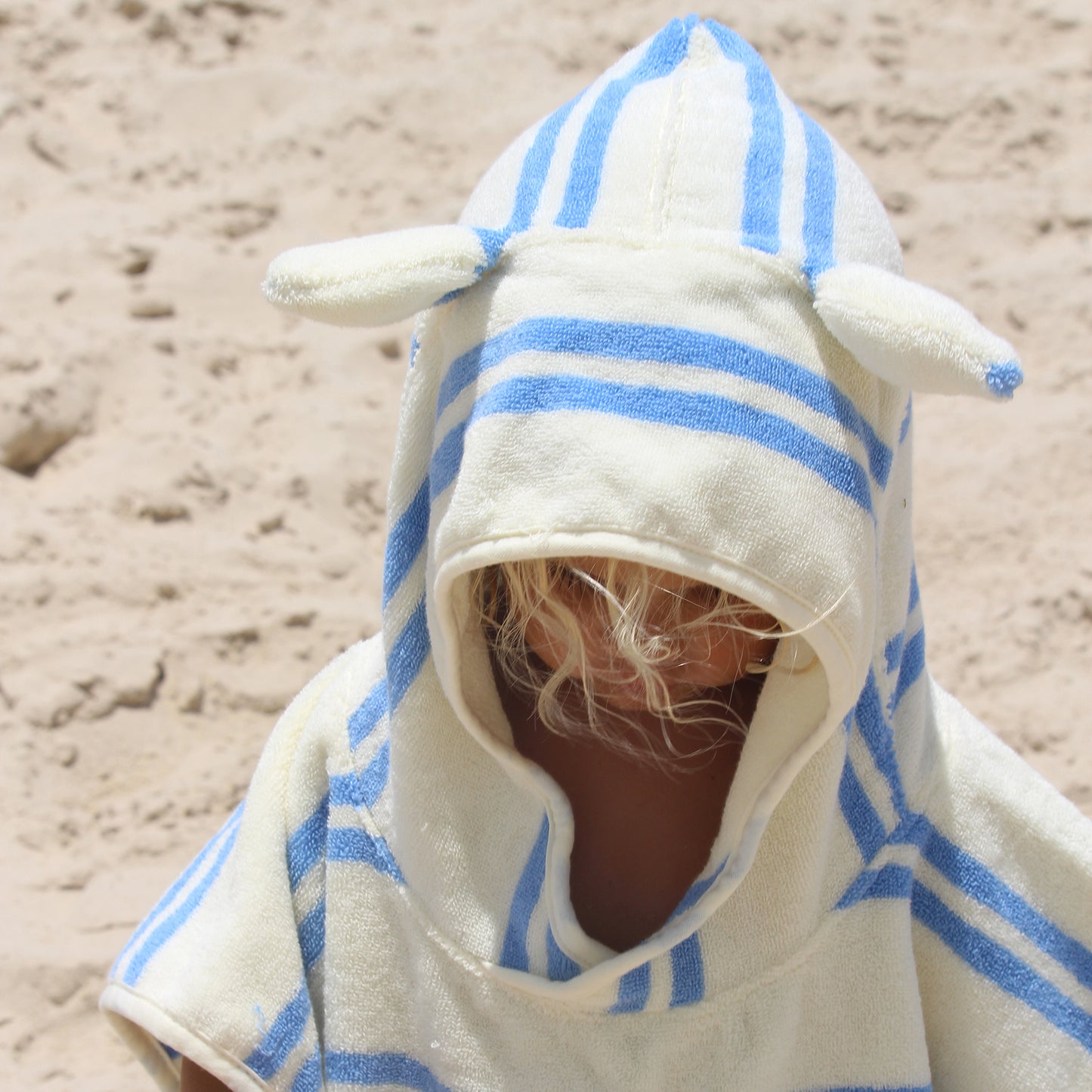 Sammy the Seagull blue and white striped kids hooded towel with ears