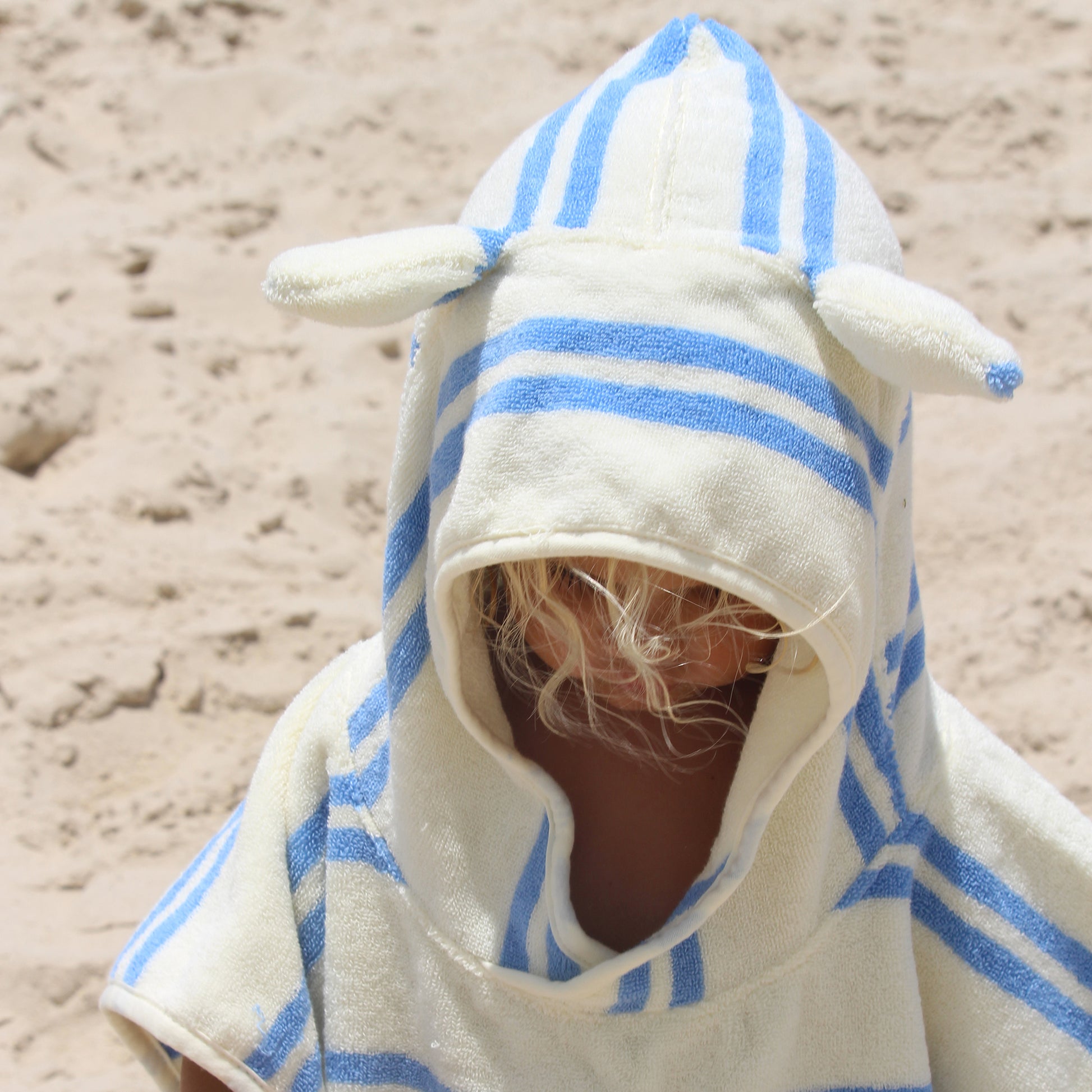 Sammy the Seagull blue and white striped kids hooded towel with ears