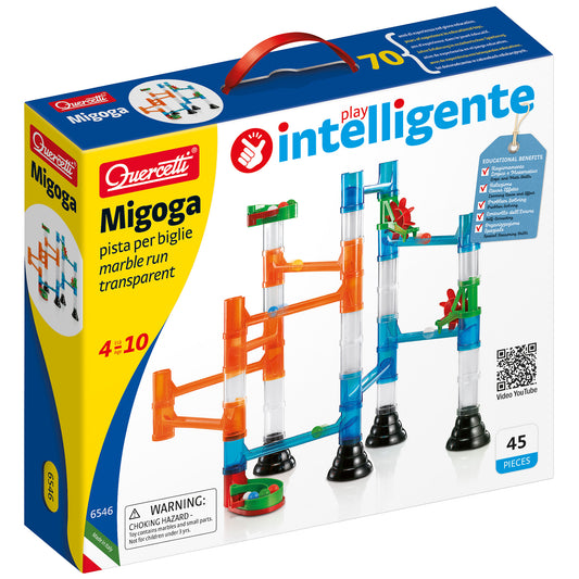 Quercetti Migoga 45-Piece Transparent Marble Run Set - Includes Spinning Wheels & Pipes, STEM Toy