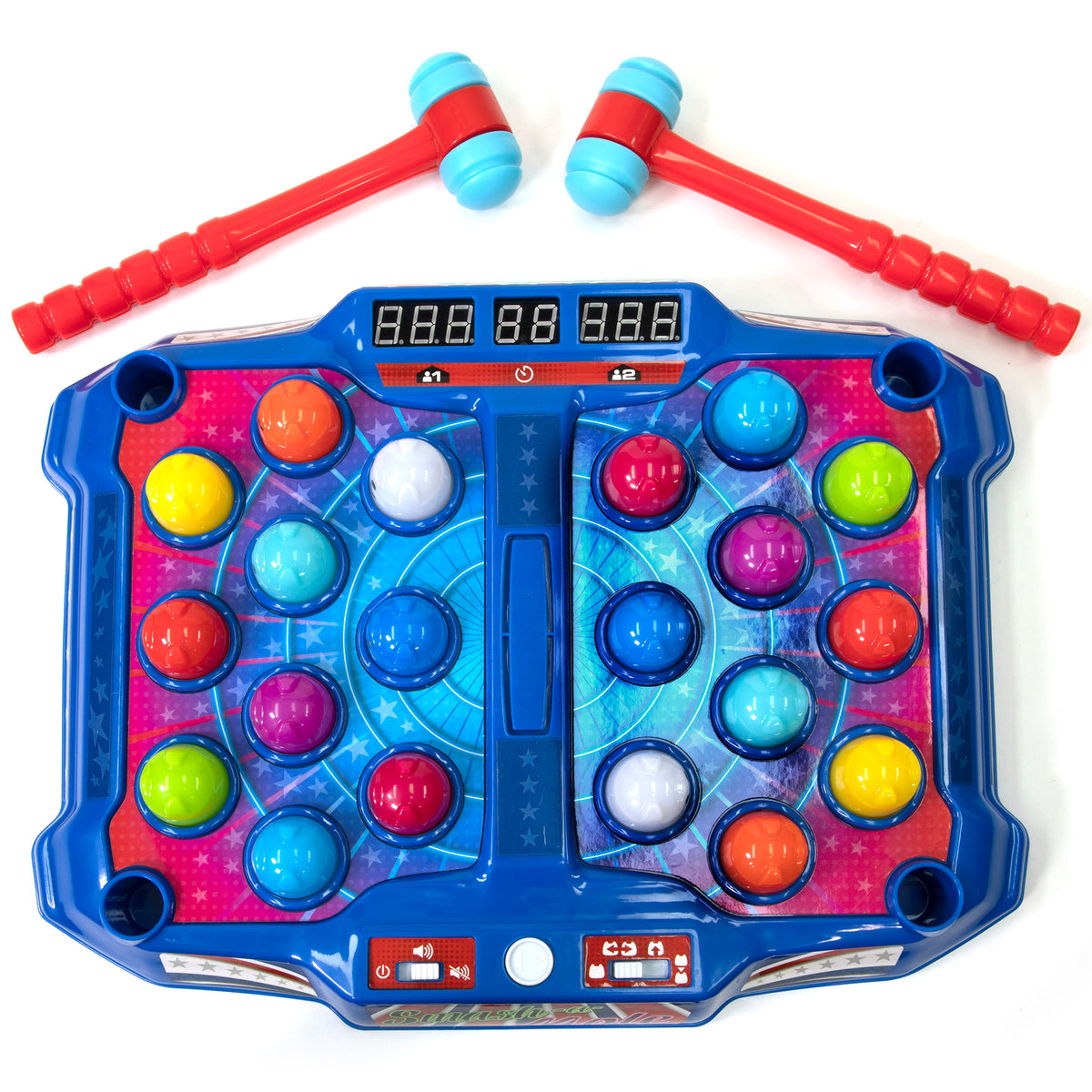 Retro Arcade Electronic Smash-A-Mole game with blue board, colorful moles, LED scoreboard, and red mallets