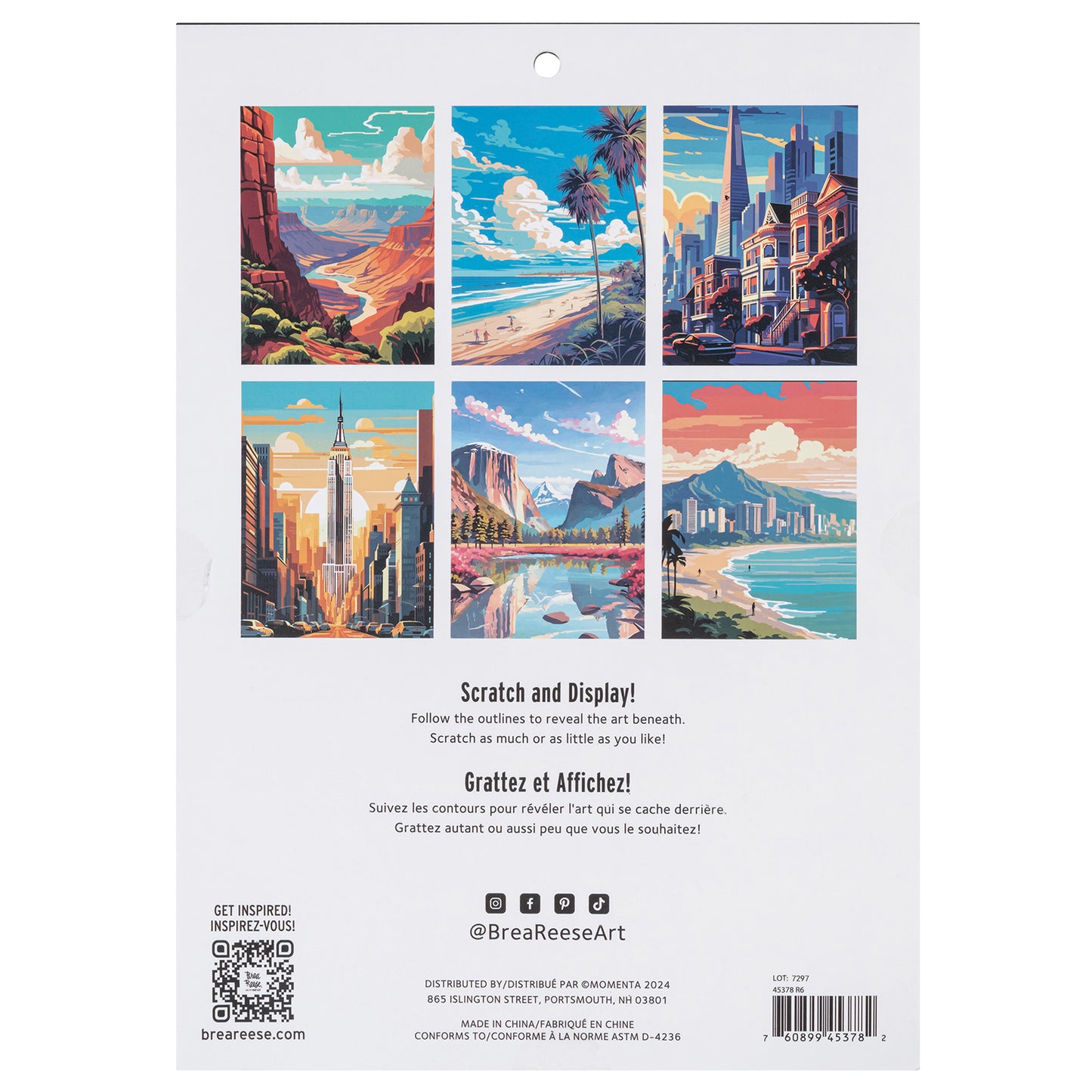Scratch Art Paper Pad with 6 travel destination designs including canyon, beach, city, and mountain landscapes