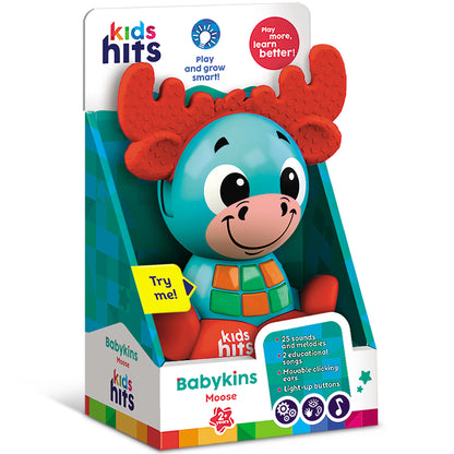 Kids Hits Babykins Moose toy with red antlers, turquoise body, colorful blocks, light-up buttons