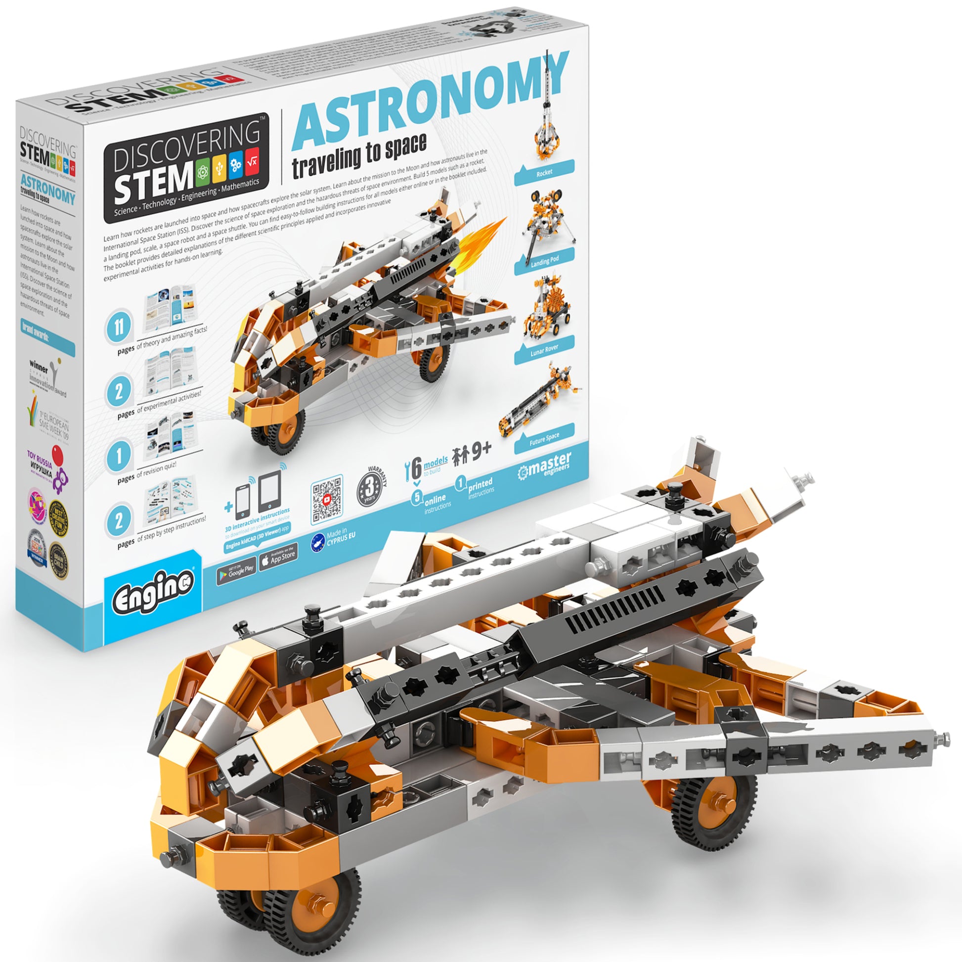 Engino Discovering STEM Astronomy building set with orange and white space shuttle model and construction pieces