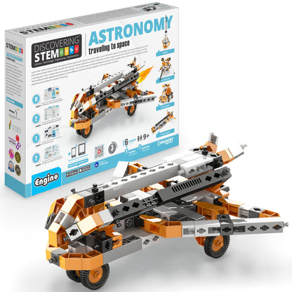 Engino Discovering STEM Astronomy building set with orange and white space shuttle model and construction pieces