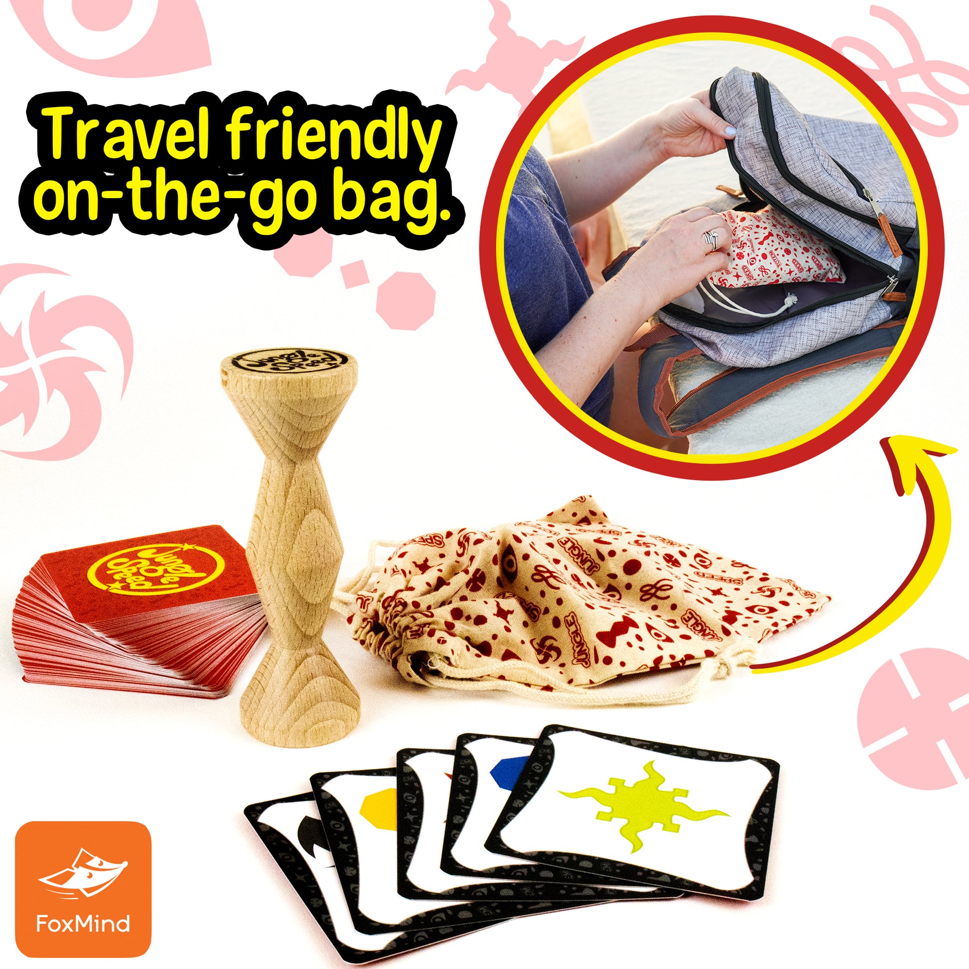 Foxmind Jungle Speed Eco Edition card game with wooden totem and patterned drawstring bag