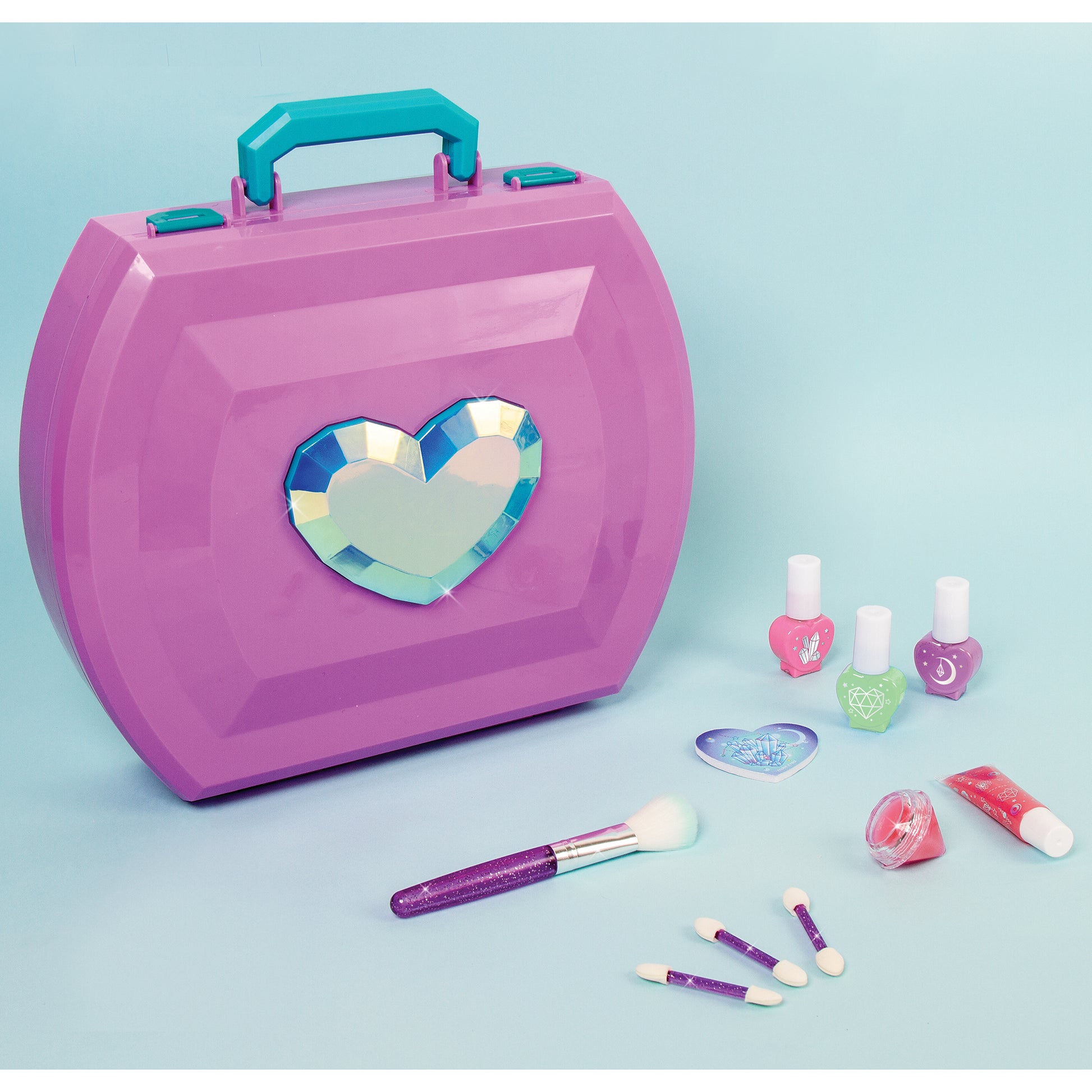 Glimmer & Glow Light-Up Cosmetic Studio purple beauty case with turquoise handle, mirror, and makeup accessories