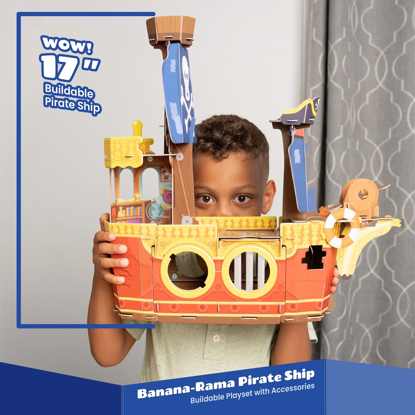 Banana-Rama Pirate Ship buildable playset with yellow and red ship, blue sails, and accessories