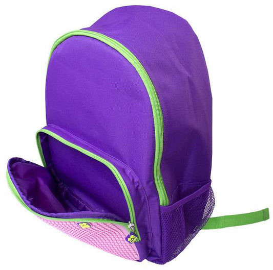 Purple backpack with neon green and pink trim, front pocket unzipped to show interior, adjustable green shoulder straps