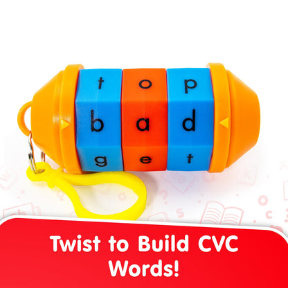Junior Learning Word Tumbler CVC toy with blue, orange, and yellow rotating cylinders for building phonics words