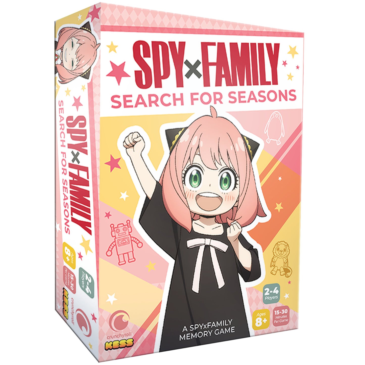 Spy x Family Search for Seasons memory game box featuring pink-haired anime character, 2-4 players ages 8+