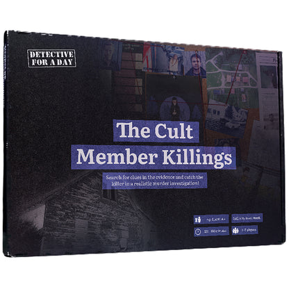 Detective For A Day: The Cult Member Killings murder mystery game box with interactive investigation gameplay