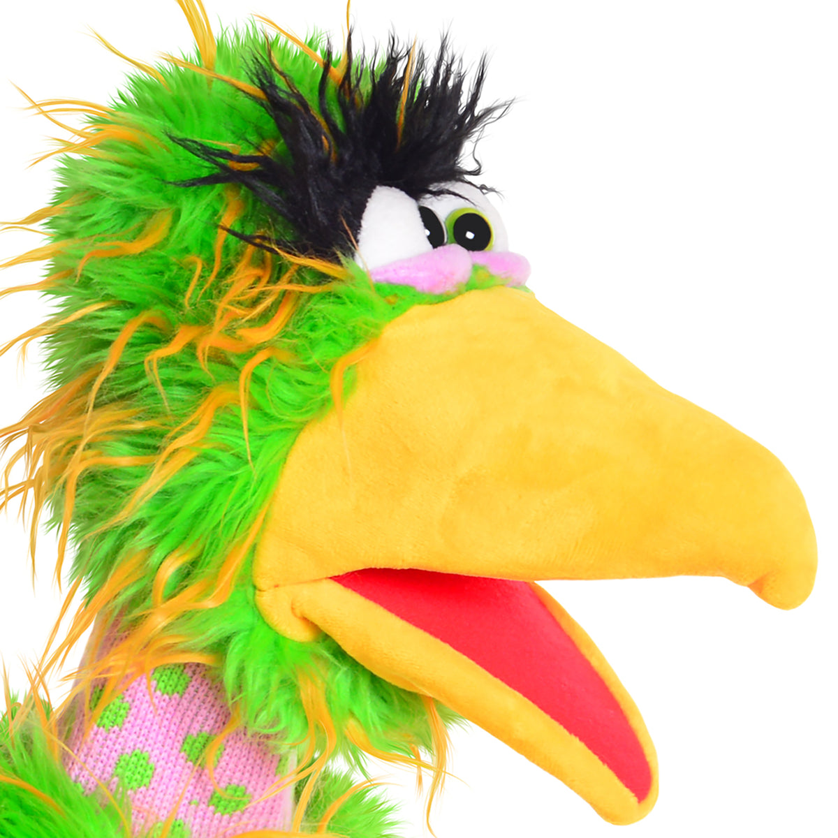 Living Puppets: Pickle The Bird hand puppet with green and yellow feathers, black spiky hair, pink nose, and yellow beak