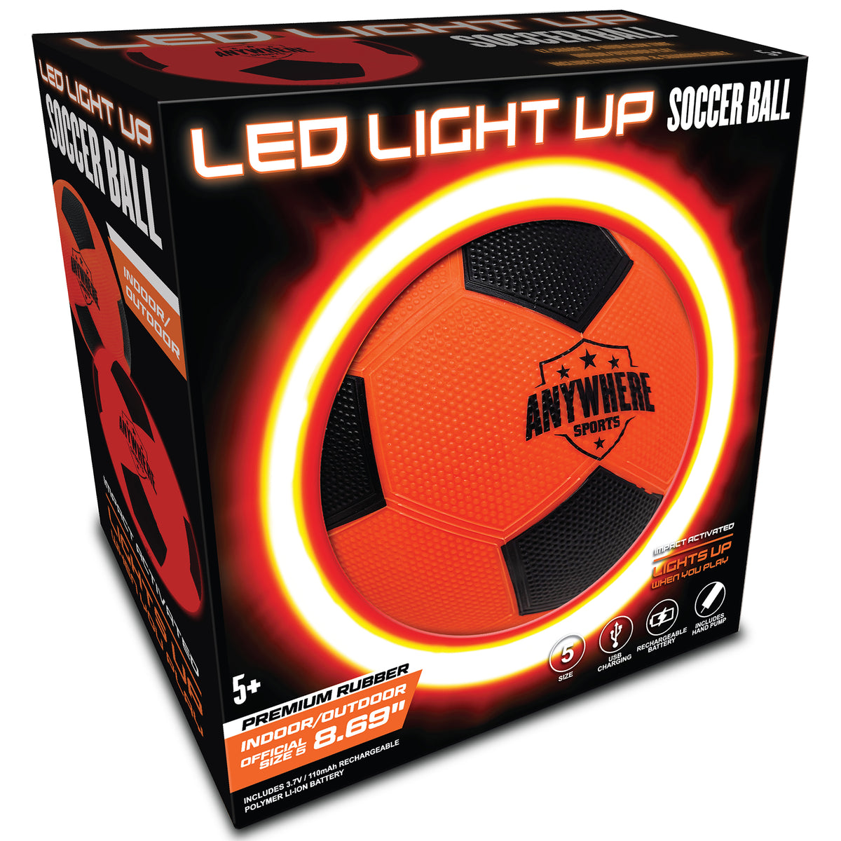 Anywhere Sports LED Light-Up Soccer Ball in orange and black with glowing red and yellow LED ring