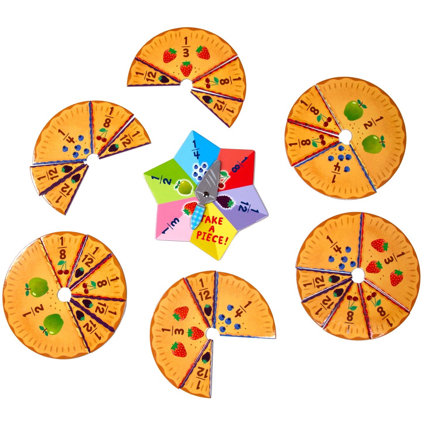 Make A Pie Game with fraction-labeled pie slices and spinner wheel for learning math