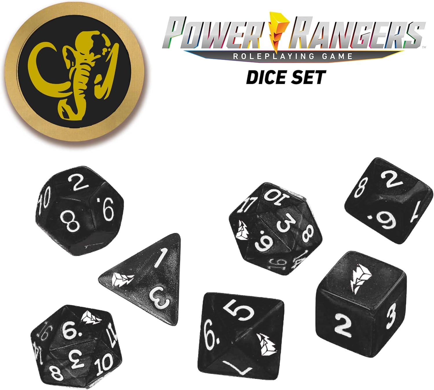 Power Rangers RPG Dice Set - Black 8-piece polyhedral dice with white numbers and Power Coin