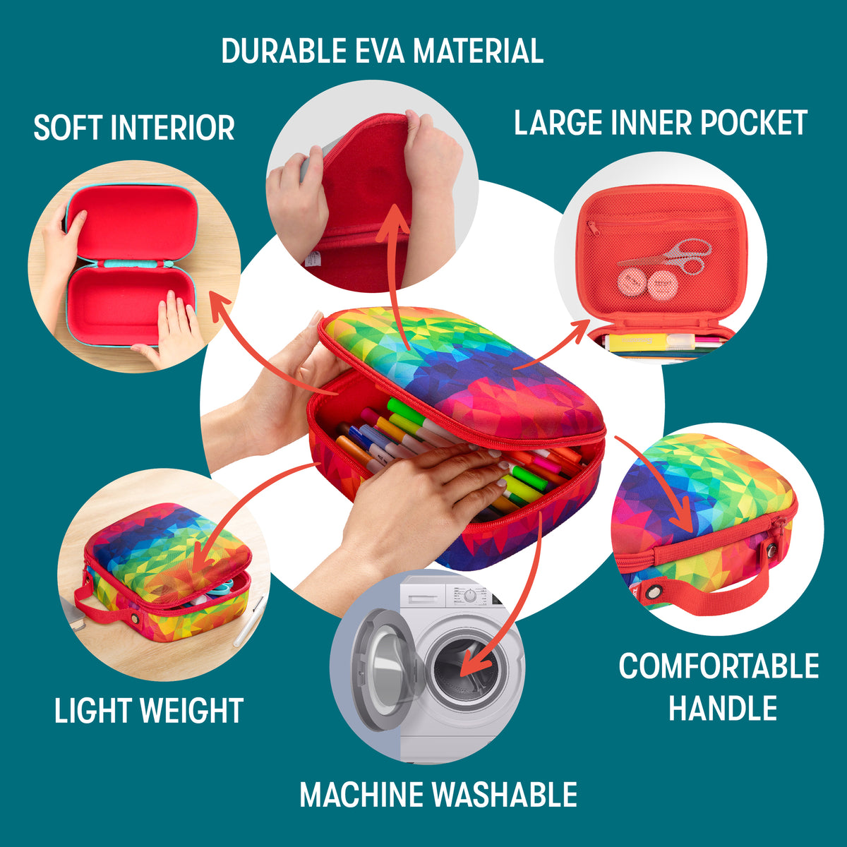 Jumbo Pencil Case: Rainbow with colorful gradient design, shown open and closed with handle and storage compartments