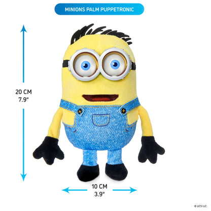 Minions Palm Puppetronic Henry interactive toy with yellow body, blue overalls, black spiky hair, and large expressiv...