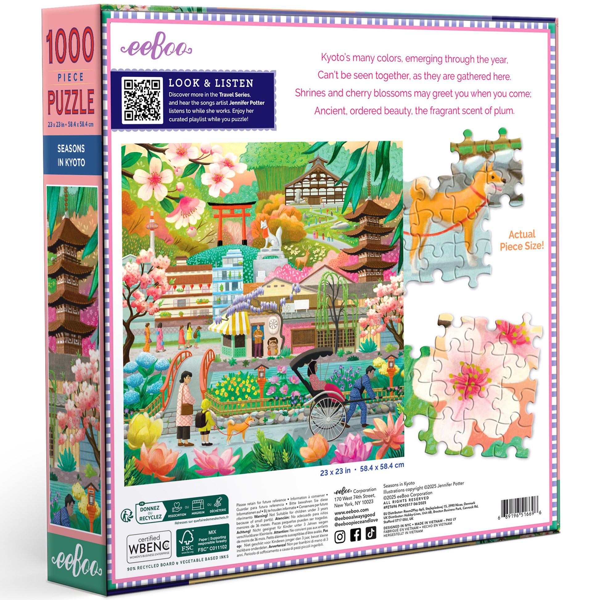 eeBoo Seasons in Kyoto 1000 piece puzzle featuring colorful Japanese garden scene with cherry blossoms
