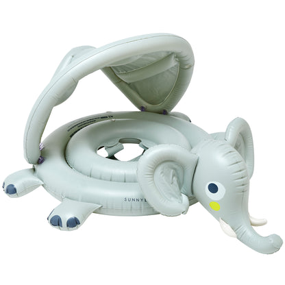 Eli the Elephant Baby Float - Grey inflatable swim ring with canopy and handles