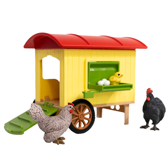 Yellow mobile chicken coop with red roof, green window and ramp, includes white hen, black rooster, yellow chick, and brown wheel figures