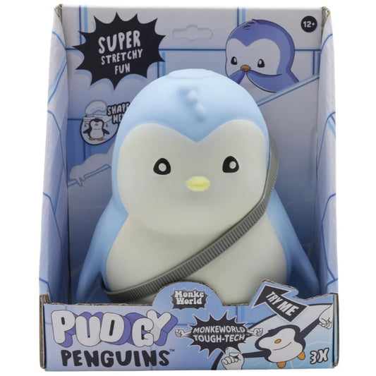 Pudgy Penguins blue and white stretchy plush fidget toy with embroidered eyes and yellow beak, packaged in MonkeWorld Tough-Tech branded box