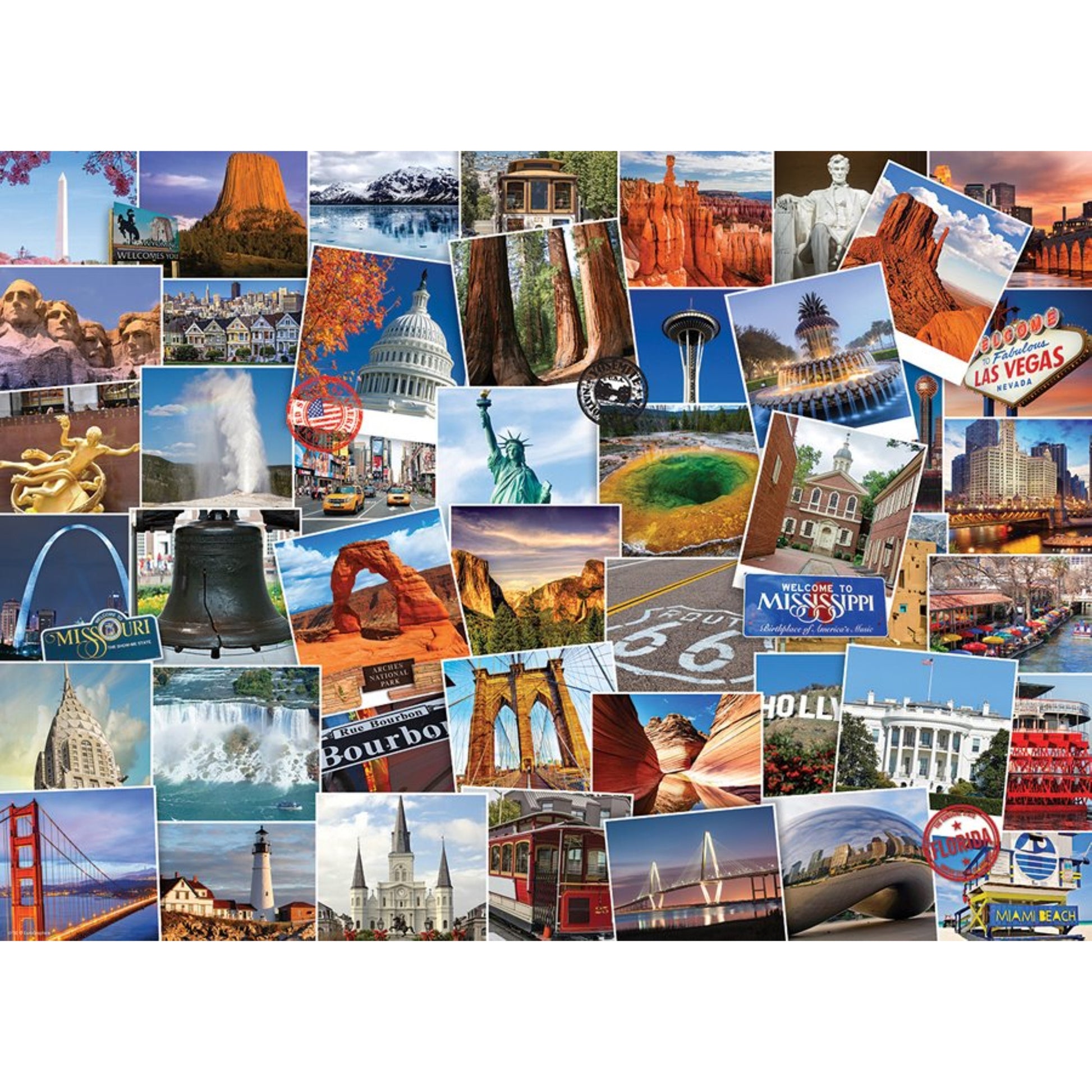 Eurographics Globetrotter USA 1000 Piece Puzzle featuring colorful collage of American landmarks and travel destinations