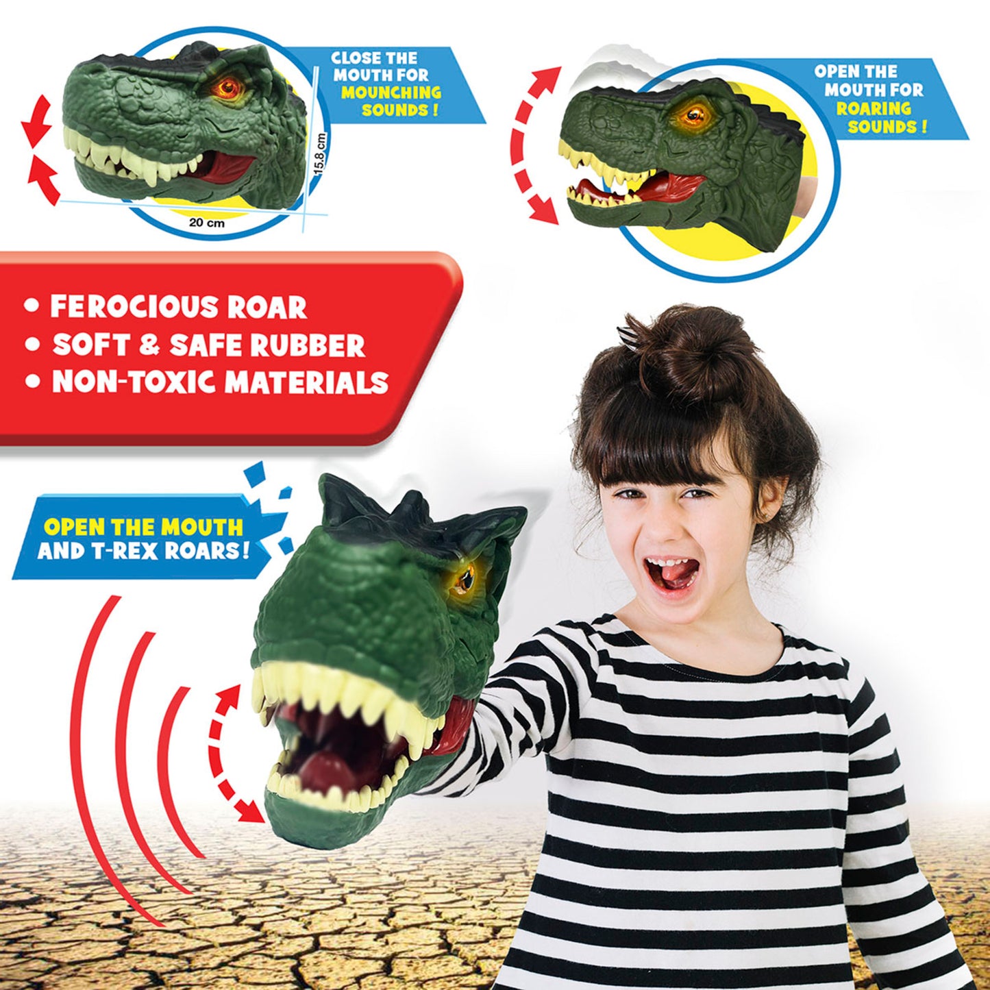 Megahunter T-Rex Hand Puppet in green with roaring mouth and realistic details